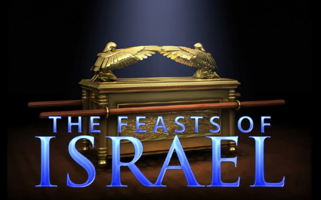 Gold winged sculpture atop an ornate pedestal, spotlighted on a dark background, with bold blue text reading 'THE FEASTS OF ISRAEL' at the bottom.