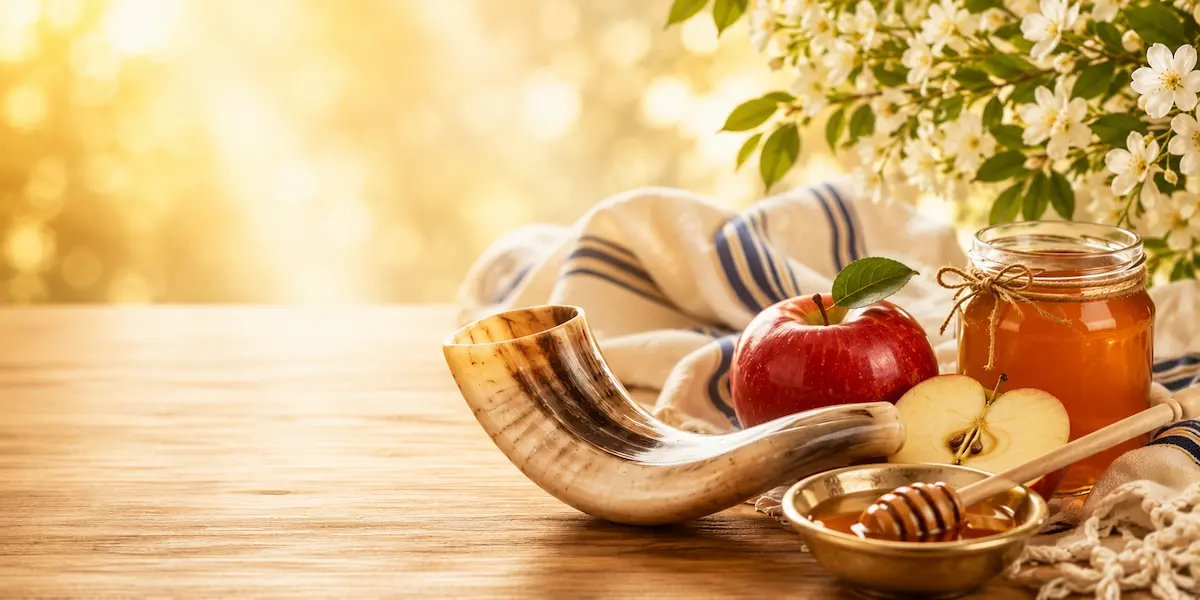 Rustic still-life: honey jar, apple with leaf, honey dipper, curved horn on a wooden table with white blossoms in the background.