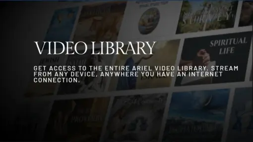 Header text 'VIDEO LIBRARY' over a collage of video thumbnails, with promo line: 'Get access to the entire Ariel video library, stream from any device, anywhere you have an internet connection.'