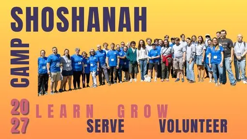 Group of diverse volunteers posing at Shoshannah Camp 2027, with a yellow-orange gradient background and the slogan 'LEARN GROW SERVE VOLUNTEER'
